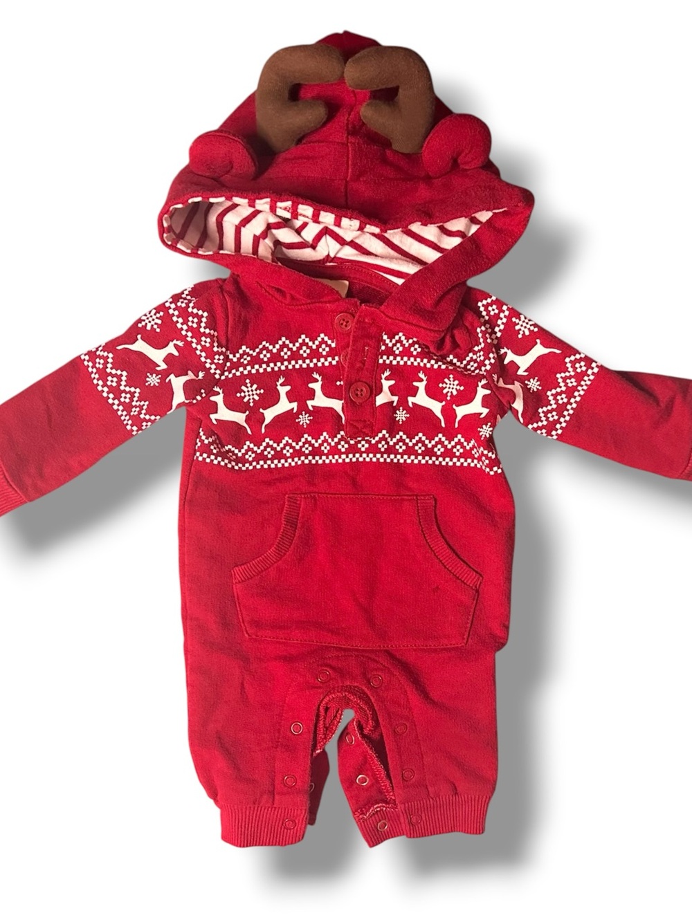 Cherokee | Red Newborn Antler Hooded Onesie Romper w/ White Reindeer Detail